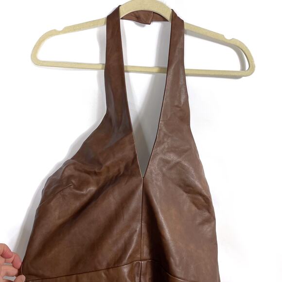 Tularosa Becca Faux Leather Halter Dress Brown‎ Sleeveless Sz L Mini Open Back - Picture 6 of 11